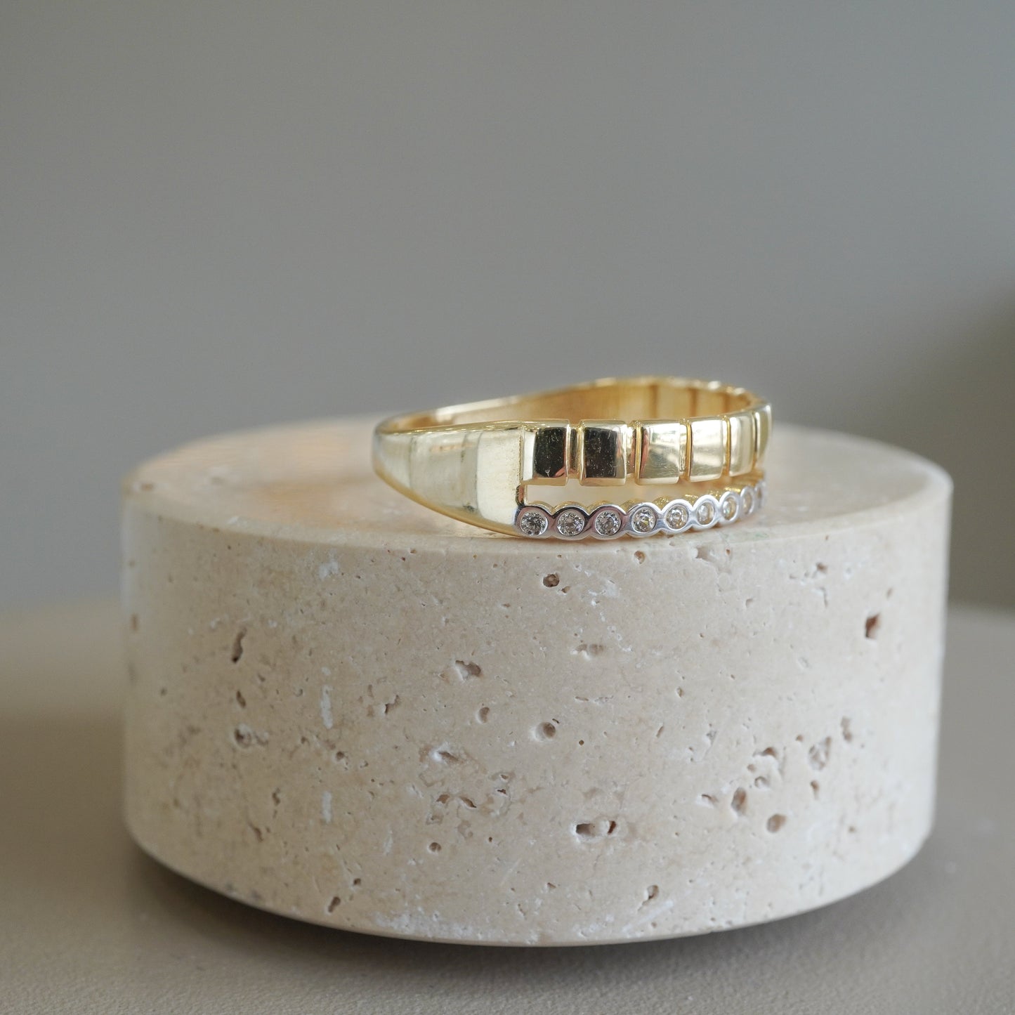10k Yellow Gold Modern Block Design Ring with Zirconia Accents-16099