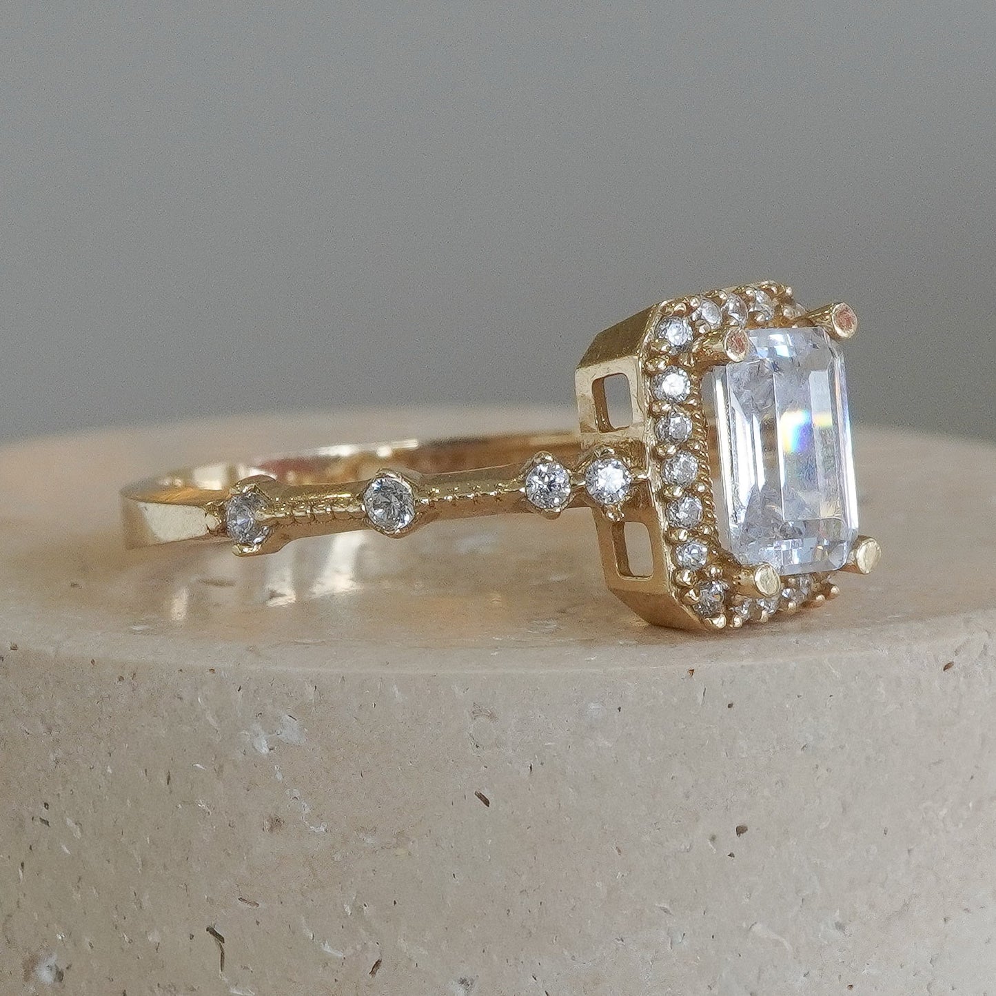 14k Yellow gold solitaire Emerald cut cubic zirconia ring-16157