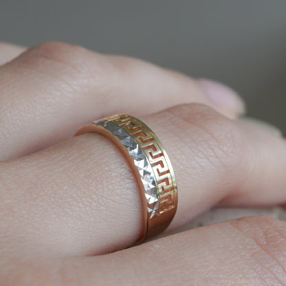 10k Two-tone gold greek key band ring-15997
