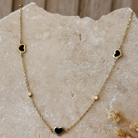 14k Gold Black Heart Station Necklace